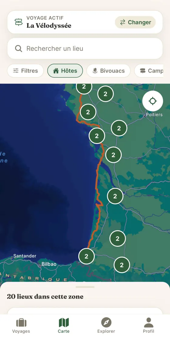 Carte d’Halta le long de la côte atlantique, avec les hébergements disponibles.