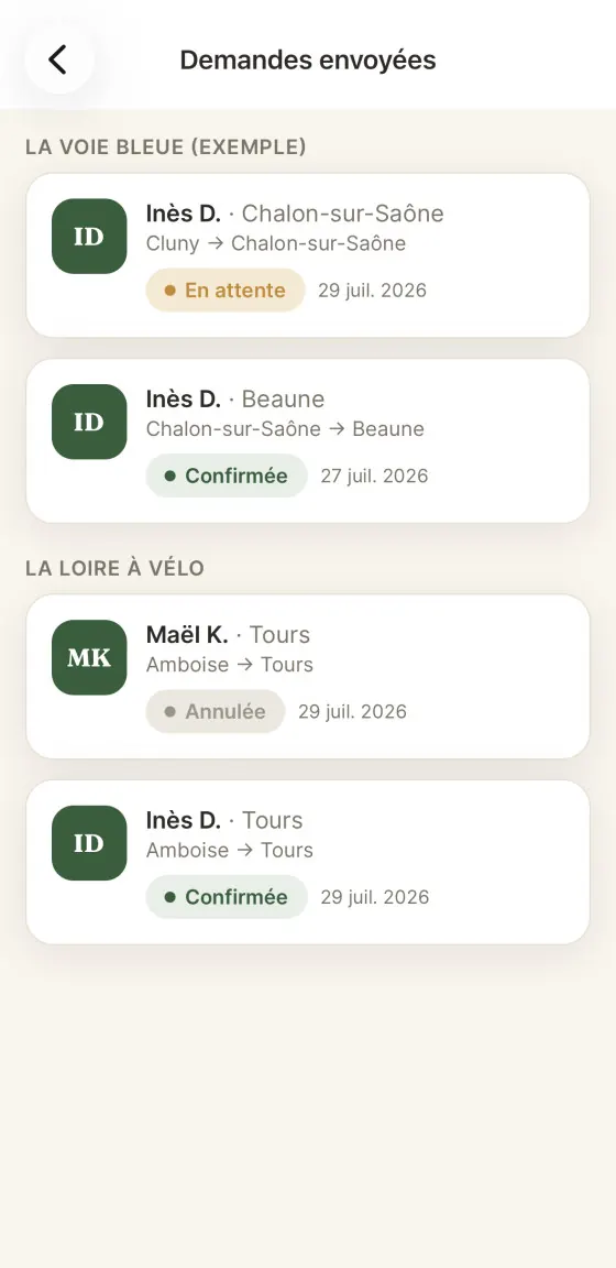 Liste des demandes envoyées dans Halta avec leur statut : en attente, confirmée, annulée.