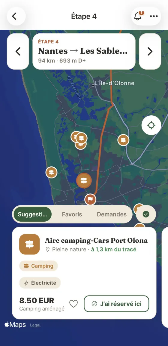 Étape 4 dans Halta : un camping proposé à 1,3 km du tracé, avec son tarif.