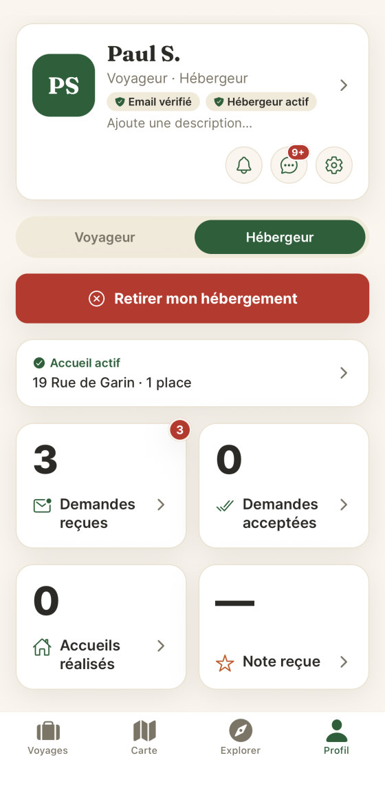 Profil hébergeur dans Halta : accueil actif, demandes reçues et acceptées.