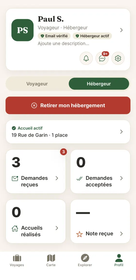 Profil hébergeur dans Halta : accueil actif, demandes reçues et acceptées.