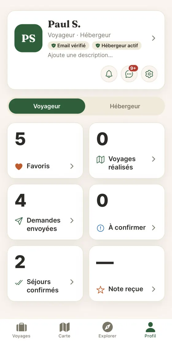 Profil voyageur dans Halta : favoris, demandes envoyées, séjours confirmés.