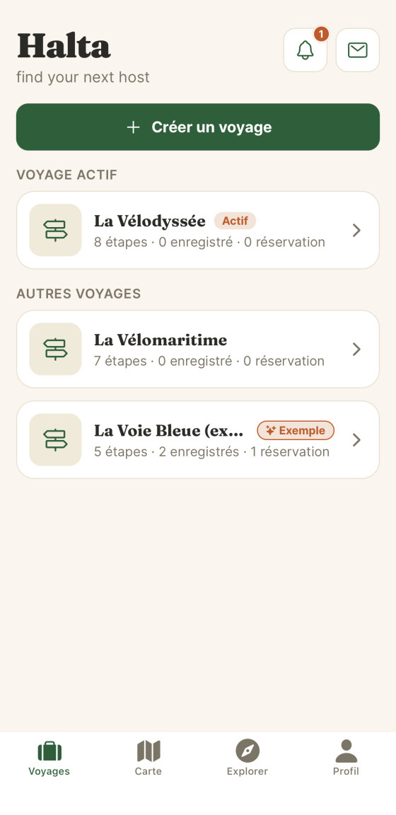 Écran d’accueil d’Halta avec la liste des voyages et le voyage actif.