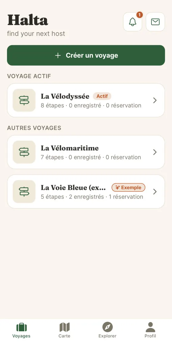Écran d’accueil d’Halta avec la liste des voyages et le voyage actif.